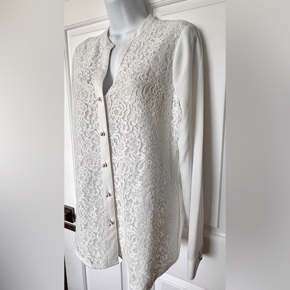 Karl Lagerfeld White Lace & Pearls Buttoned Long Sleeve Blouse